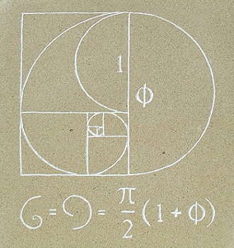 Golden section spiral engraved and painted sandstone